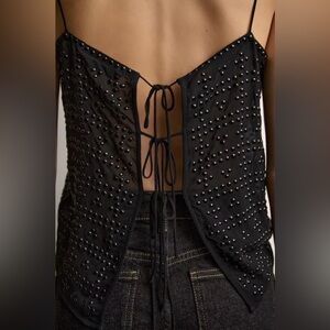 ZARA Sheer Studded Lace-Up Back Camisole Top Black | Sexy Night Out Party Top M